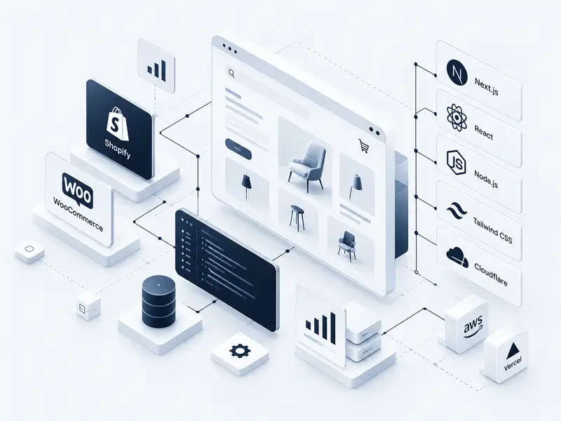 Diagram of a storefront connected to Shopify, WooCommerce, code, and hosting tools.